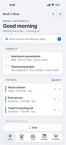 The Today screen: good morning, what’s coming up this week, an Ask bar at the top and Scan above the tabs.