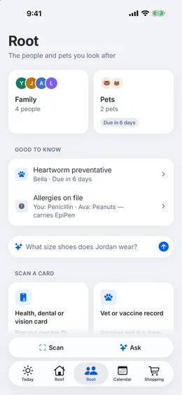 The Root screen: four family members, two pets, what’s due, allergies on file, and cards to scan.