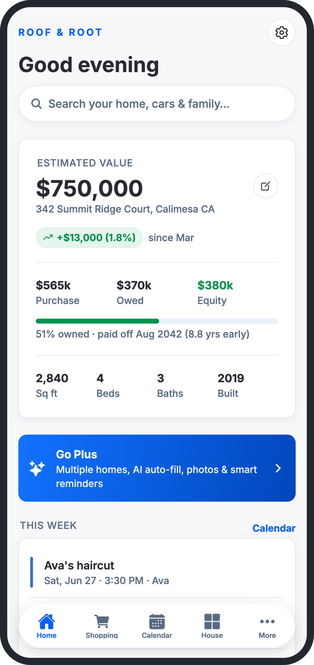 Roof & Root dashboard showing a home's value, equity, and this week's family schedule